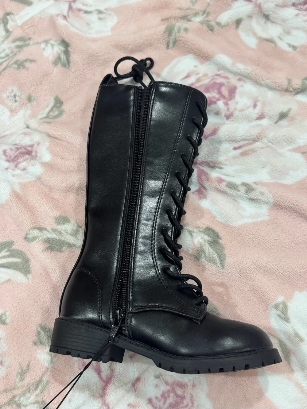Steve Madden Black Lace-Up Combat Knee Boot with Side Zip
